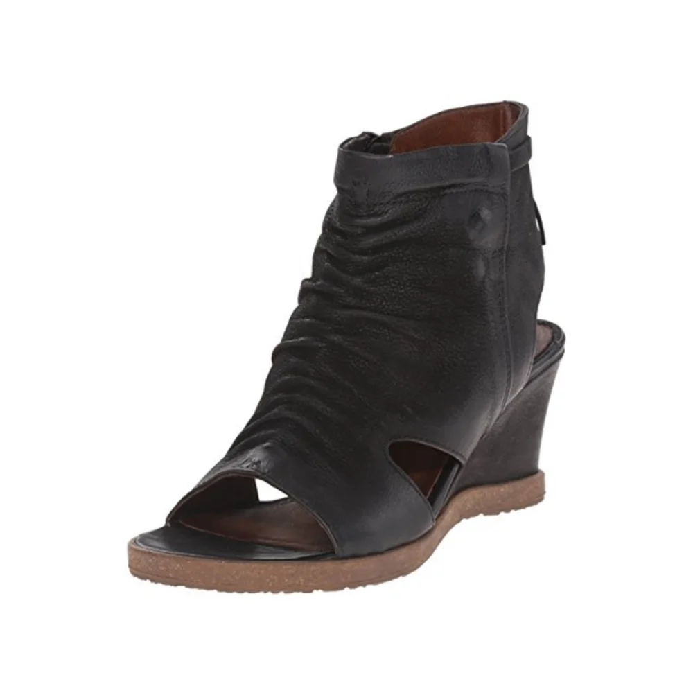 Miz Mooz Becca Encaged Open Toe Bootie Leather Sandal Wedge in Distressed Black
